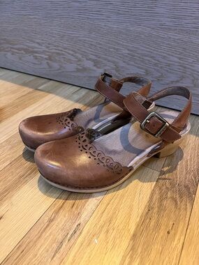 Dansko Brown Leather Buckle Clog Sandals